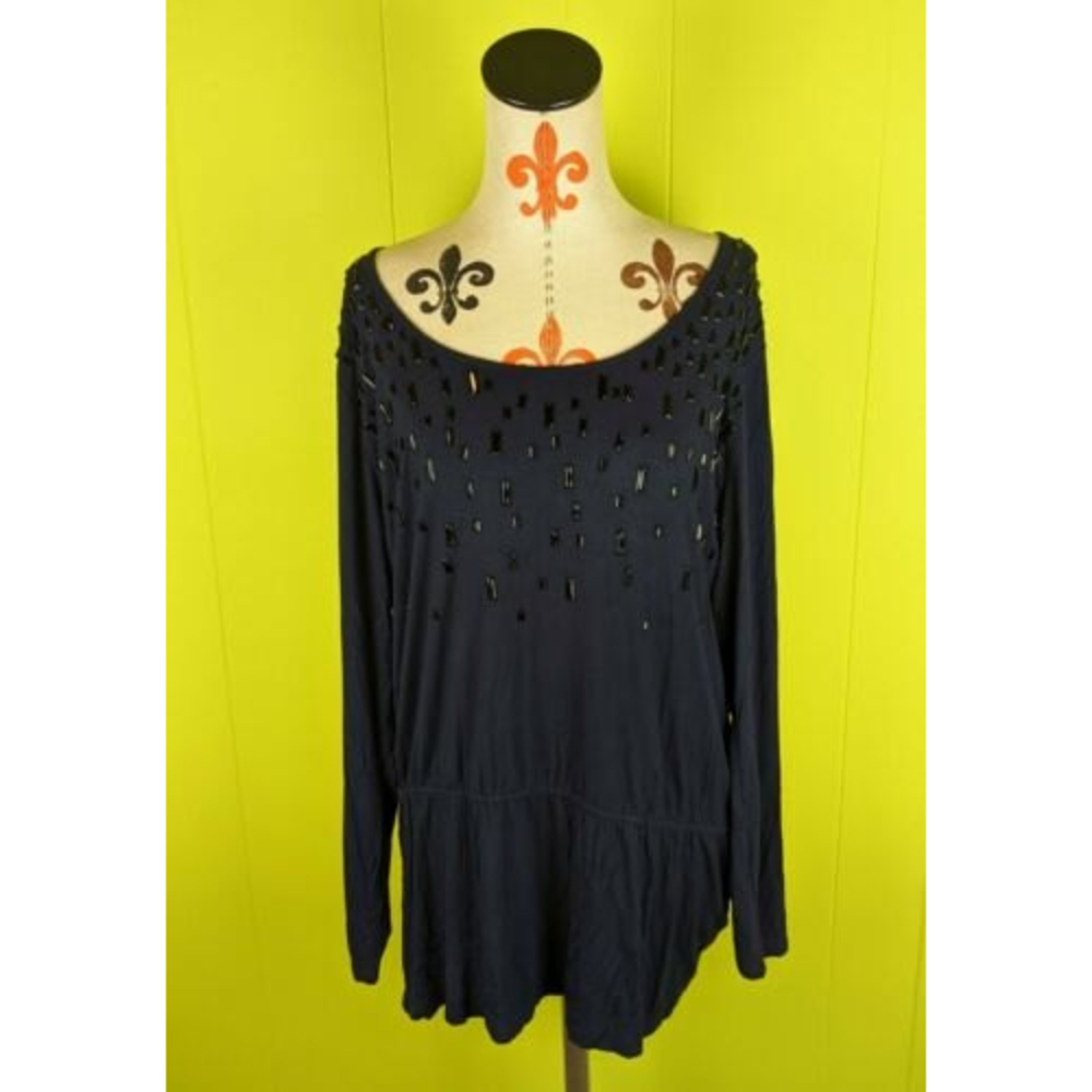 NWT Jones New York Signature Women 2X Beaded Long Sleeve Blouse Tunic Navy